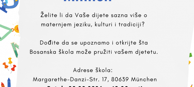 Poziv roditeljima za upis djece u dopunske škole Bosne i Hercegovine u Minhenu